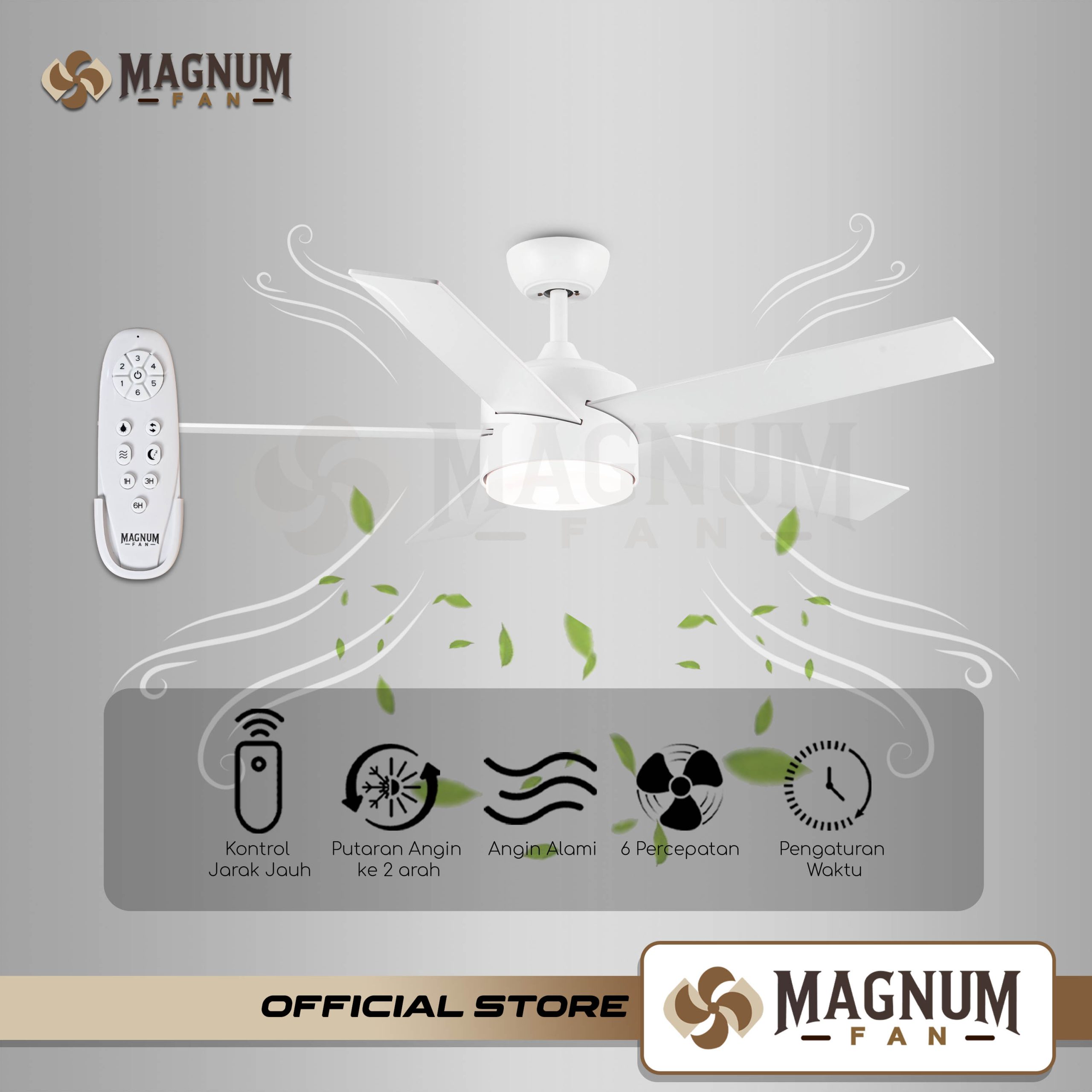 Ceiling Fan 52 Inc Hitam 5 Baling-Baling DC 60W Remote Control Type DY1084-5B/52 - MAGNUM FAN - PUTIH - Gambar 2