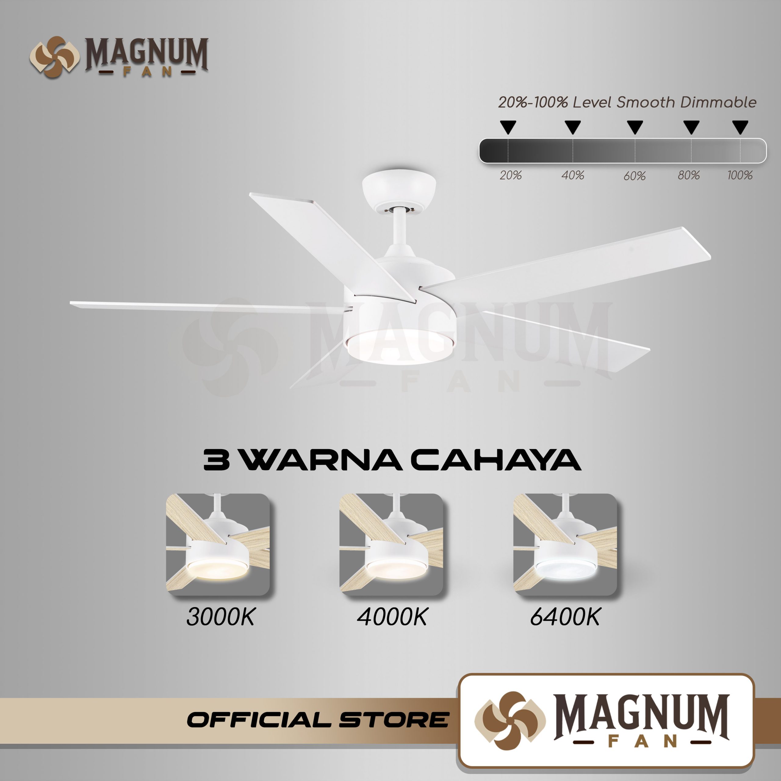 Ceiling Fan 52 Inc Hitam 5 Baling-Baling DC 60W Remote Control Type DY1084-5B/52 - MAGNUM FAN - PUTIH - Gambar 3