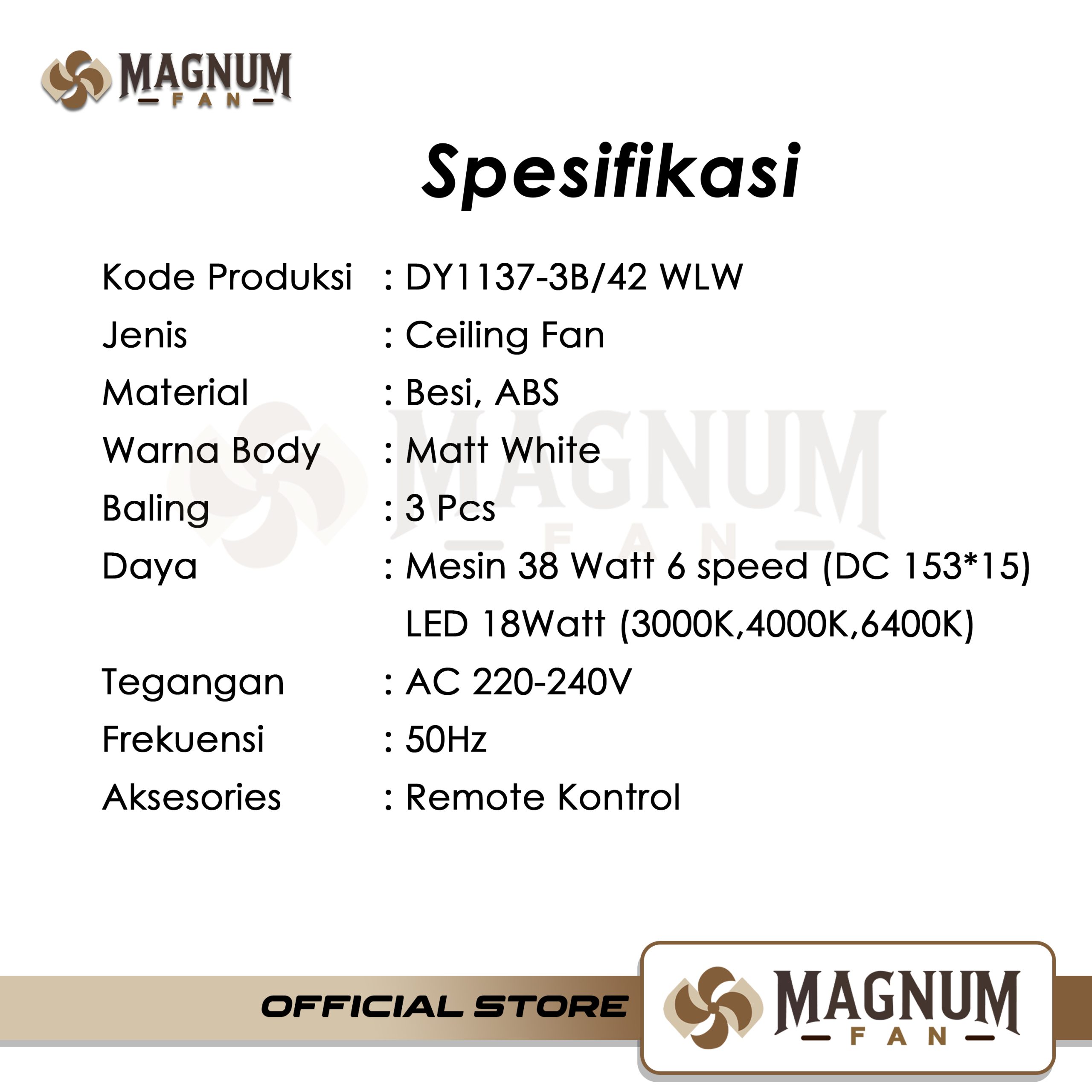 Ceiling Fan 42 inch Putih Kayu Remote Control - Type DY1137-3B/42 - MAGNUM FAN - Gambar 5