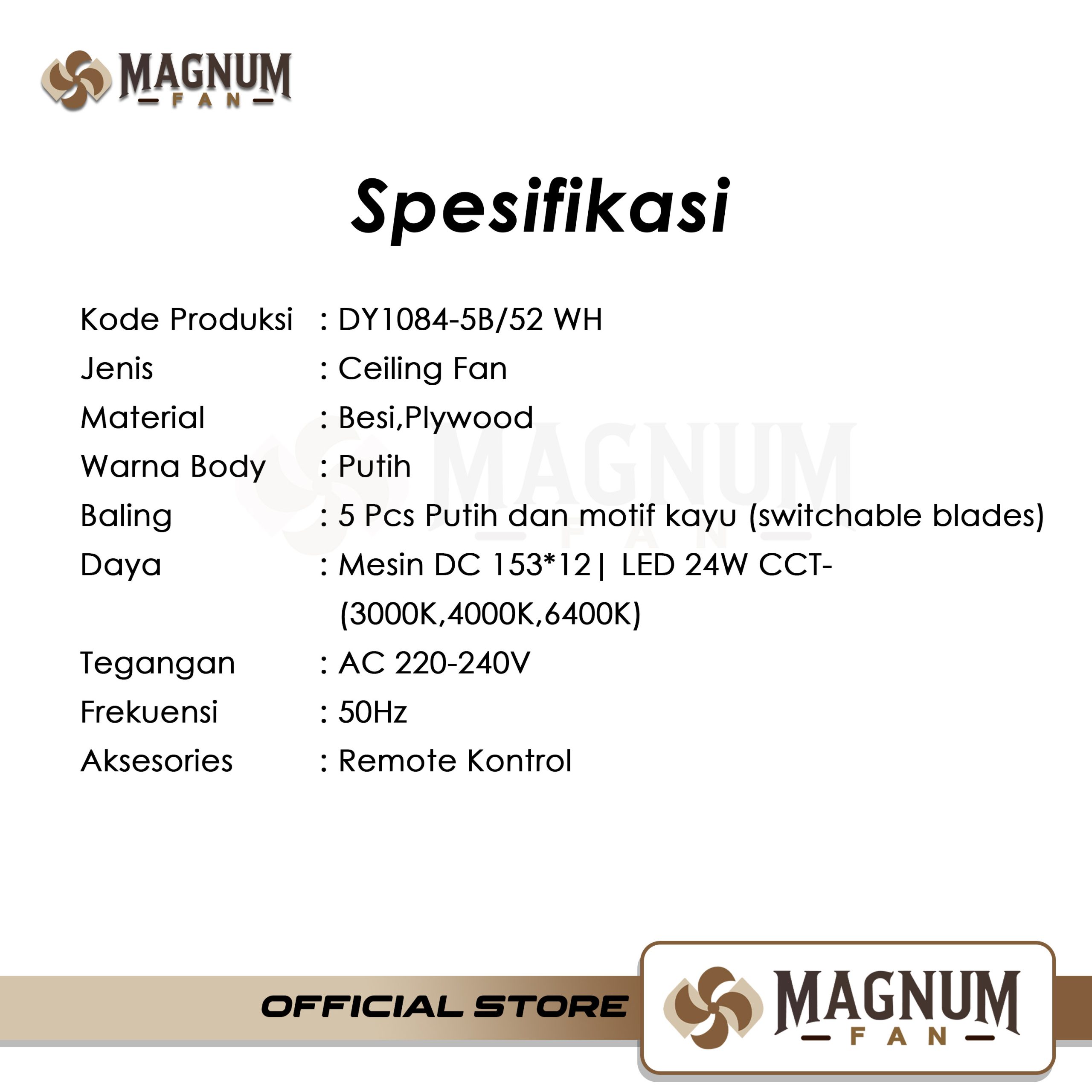 Ceiling Fan 52 Inc Hitam 5 Baling-Baling DC 60W Remote Control Type DY1084-5B/52 - MAGNUM FAN - PUTIH - Gambar 5