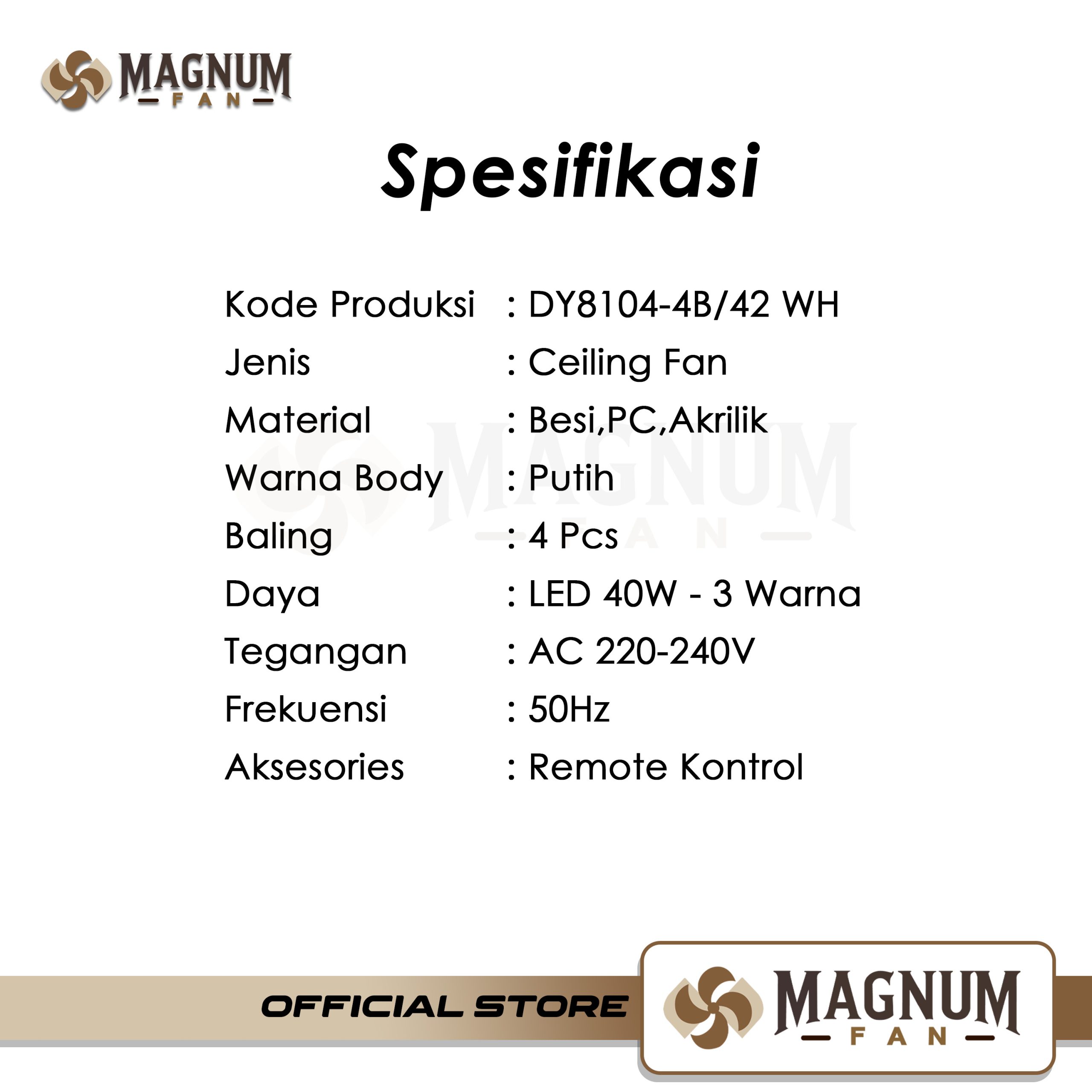 Ceiling Fan 42 Inc Lampu LED 24W & Remote Control - Type DY8104-4B/42 WH - MAGNUM FAN - Gambar 5