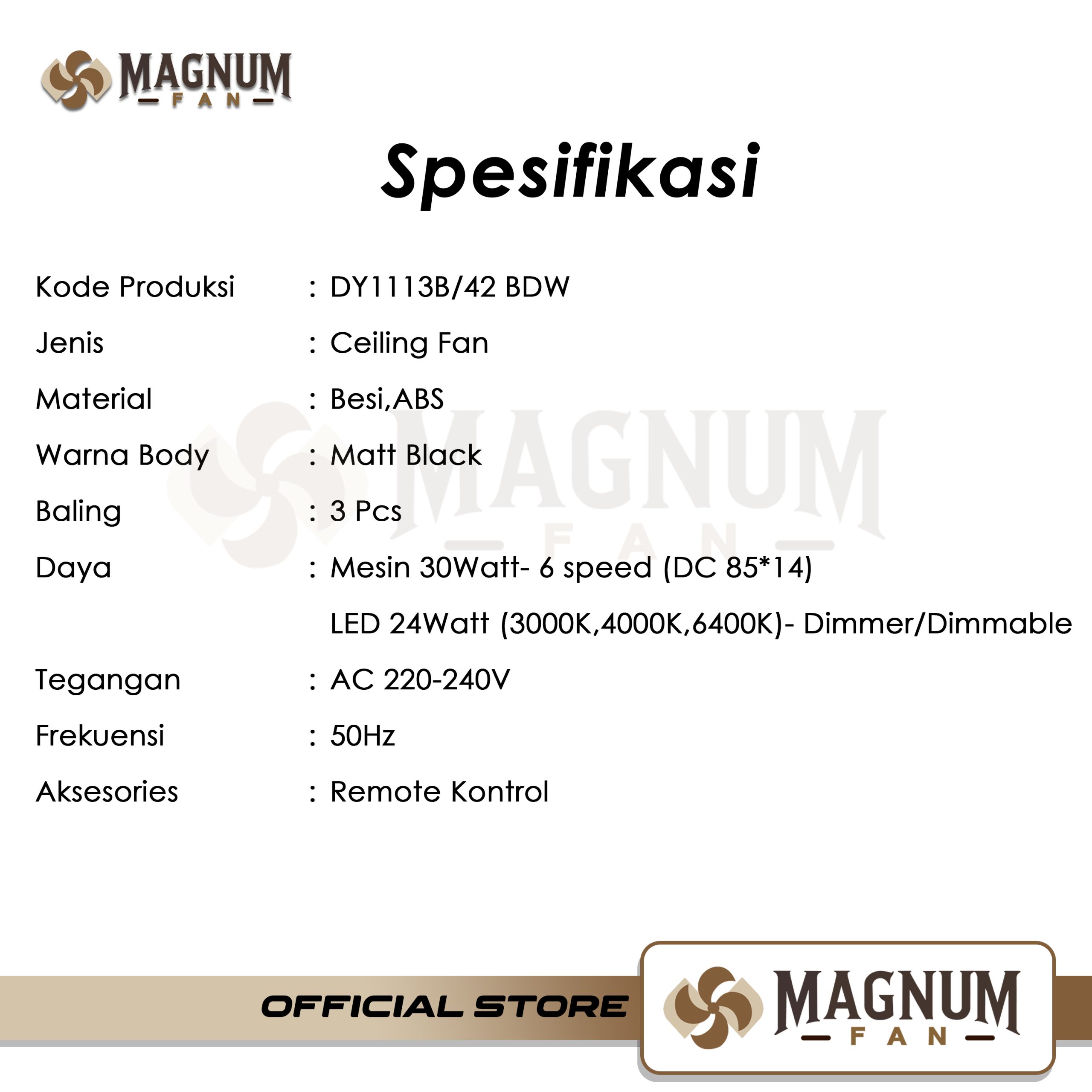 Ceiling Fan 42 Inc Kayu dengan Lampu LED 24W & Remote Control - Type DY1113B/42 - MAGNUM FAN - Gambar 5